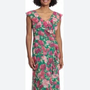 London Times Floral Green and Pink Maxi Dress SZ 10 Coquette Preppy Date Night